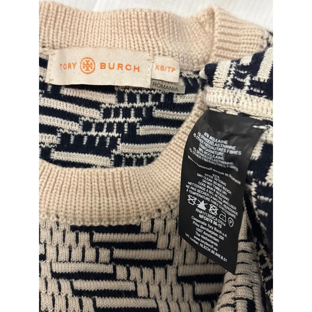 Tory Burch Wool Blend Jacquard Navy Cream Braided Trim Sweater SZ XS Preppy